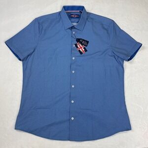 Soul of London Button Up Shirt Mens XL Blue NWT Short Sleeve Geometric Stretch